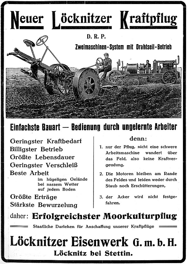 Annoncenseite für Dampfpflüge um 1910.